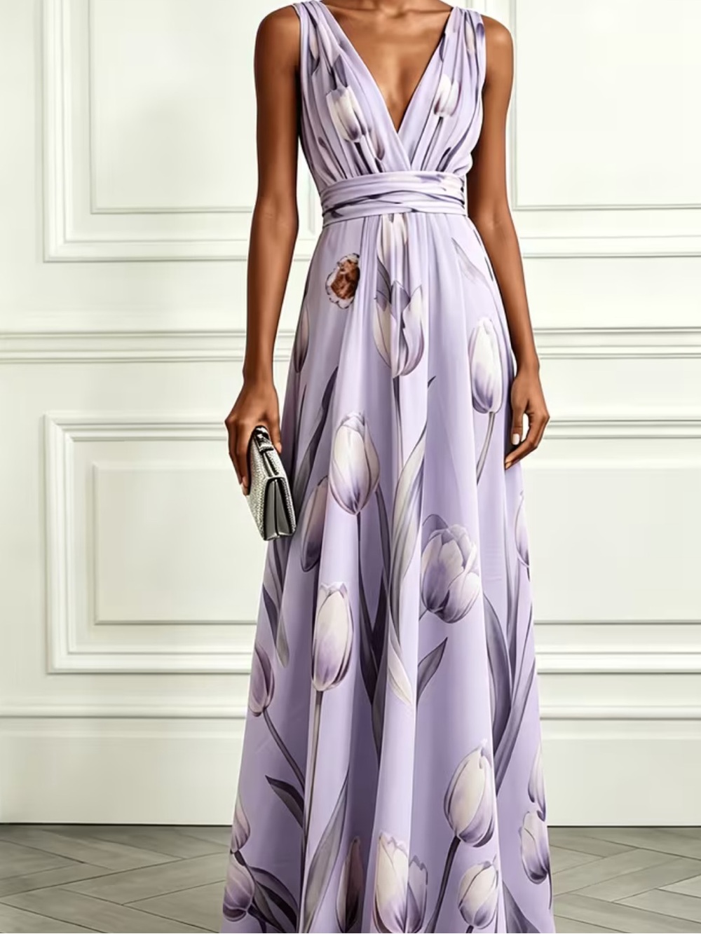 Luxe Floral Print V neck Sleeveless High Waisted Party Wedding Maxi Dress